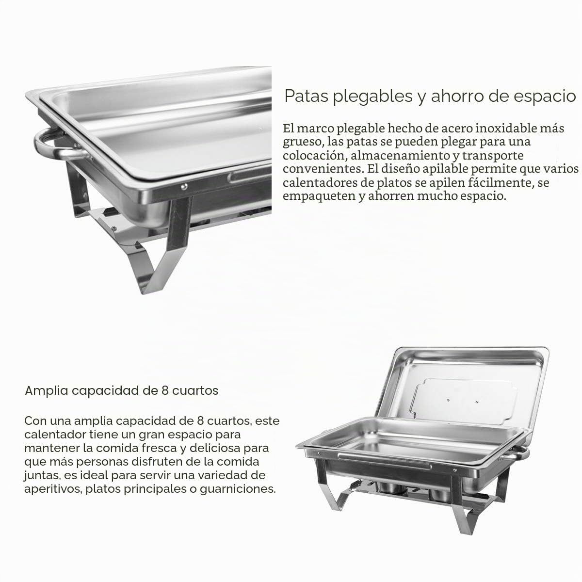 VONLUCE 4 Platos de Frotamiento 9L/8Q de Acero Inoxidable Calentador de Buffet Plegable Calentador de Comida con Bandeja de Agua, Bandeja de Comida y Tapa para Fiesta, Banquete, Bufé (4)