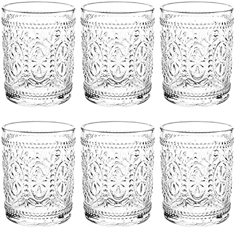 Bekith 6 Pack Drinking Glasses, 9.5 oz Romantic Water Glasses Tumblers, Heavy Duty Vintage Glassware Set for Whisky, Juice, Beverages, Beer, Cocktail
