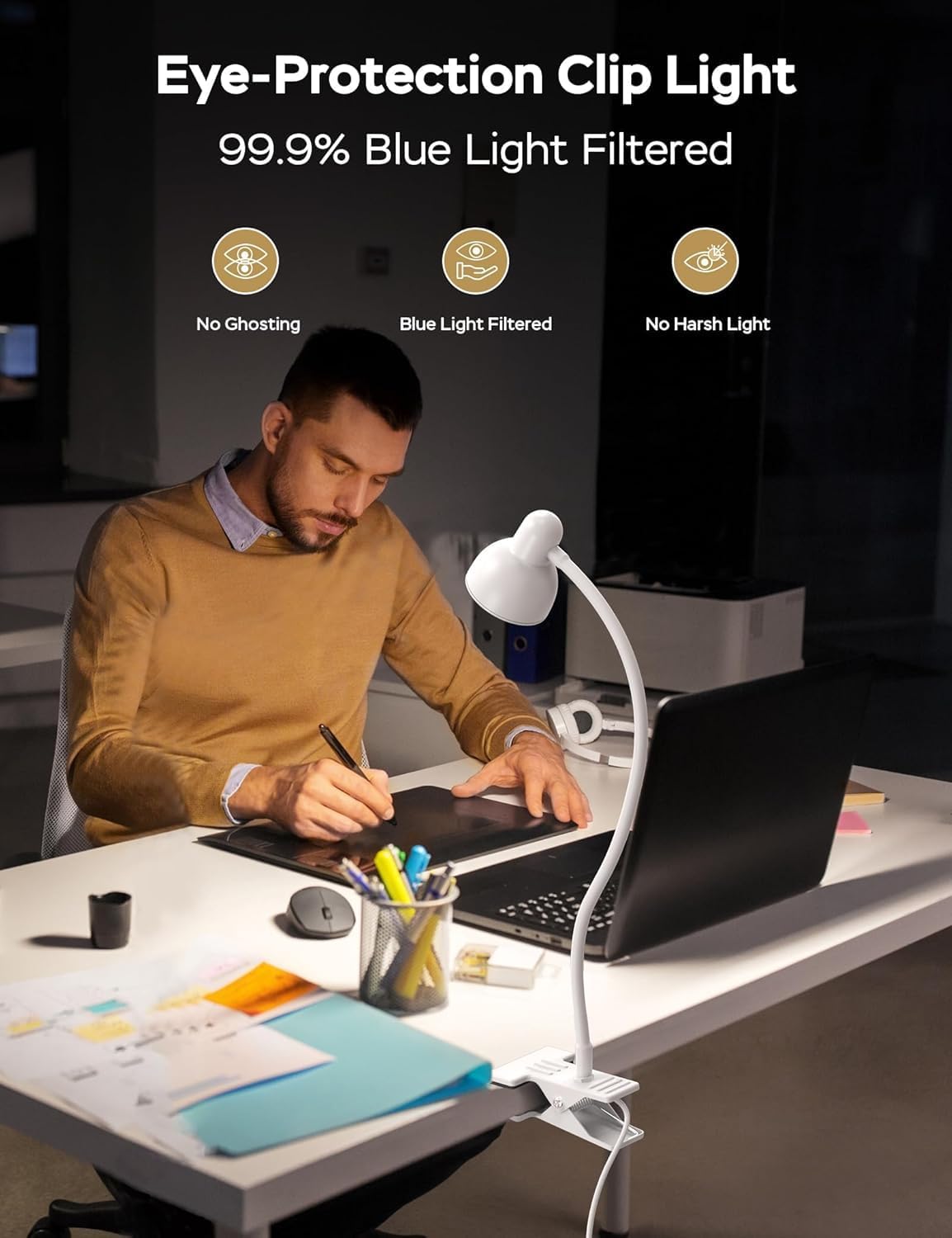 Clip on Lamp USB Reading Light, 3 Color Modes, 10 Brightness Dimmable, 360° Flexible Desk Lamp with Clamp, Eye Care Clip on Light for Bed Desk Headboard Home Dorm White