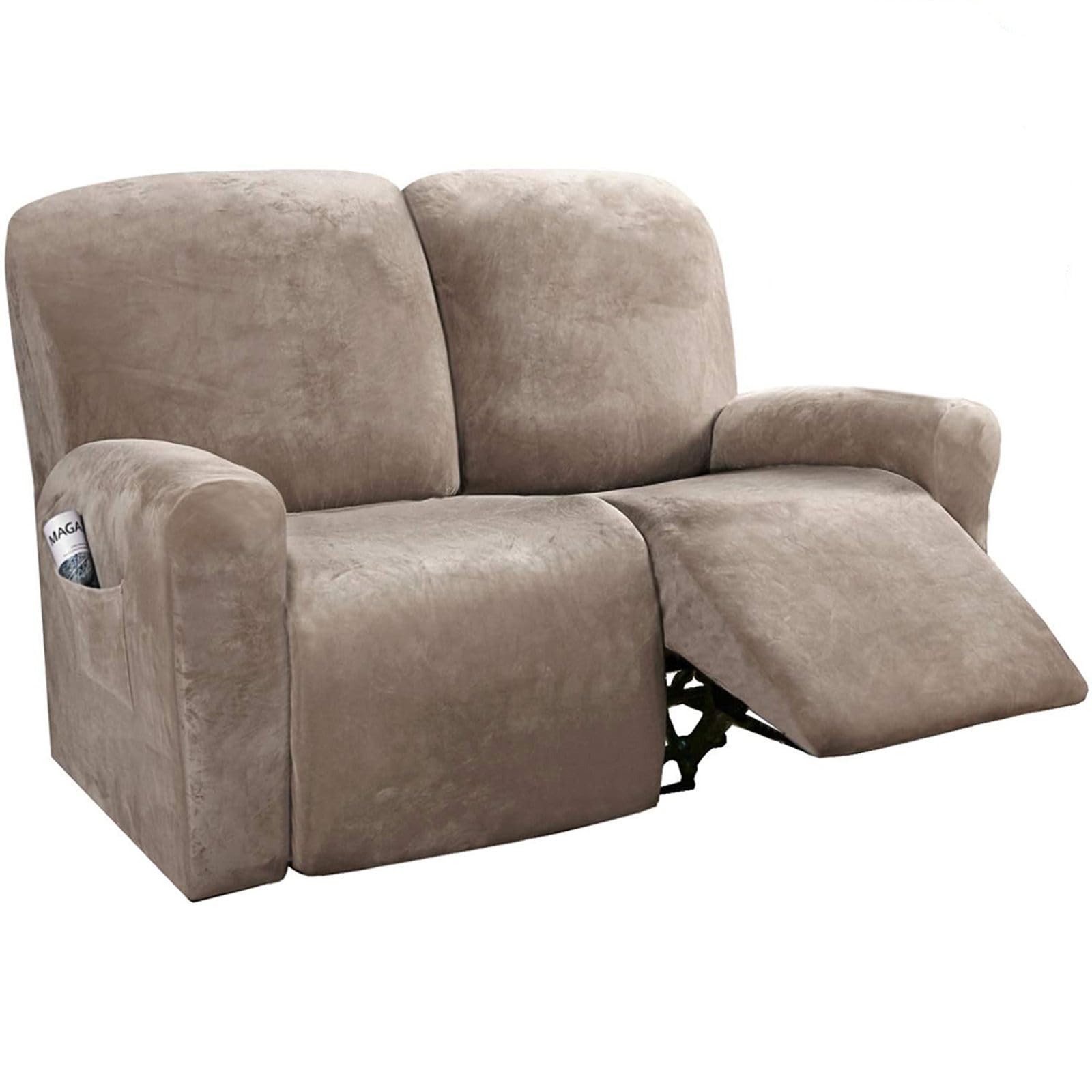 Clgty Boys Taupe Stretch Velvet Recliner Sofa Covers, 6-Piece With Pocket Lazy Reclining Sofa Slipcover Non Slip Armchair Covers For Kids Pets-2 Seater