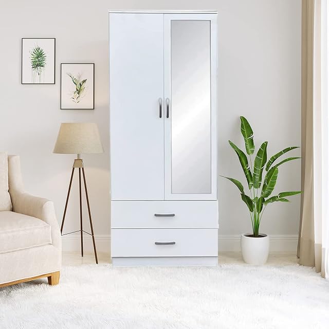 PALAKLOT 2 Door Mirrored & 2 Drawer Wardrobe | Modular Cabinet for Space Saving | Ideal Storage Organizer (White)