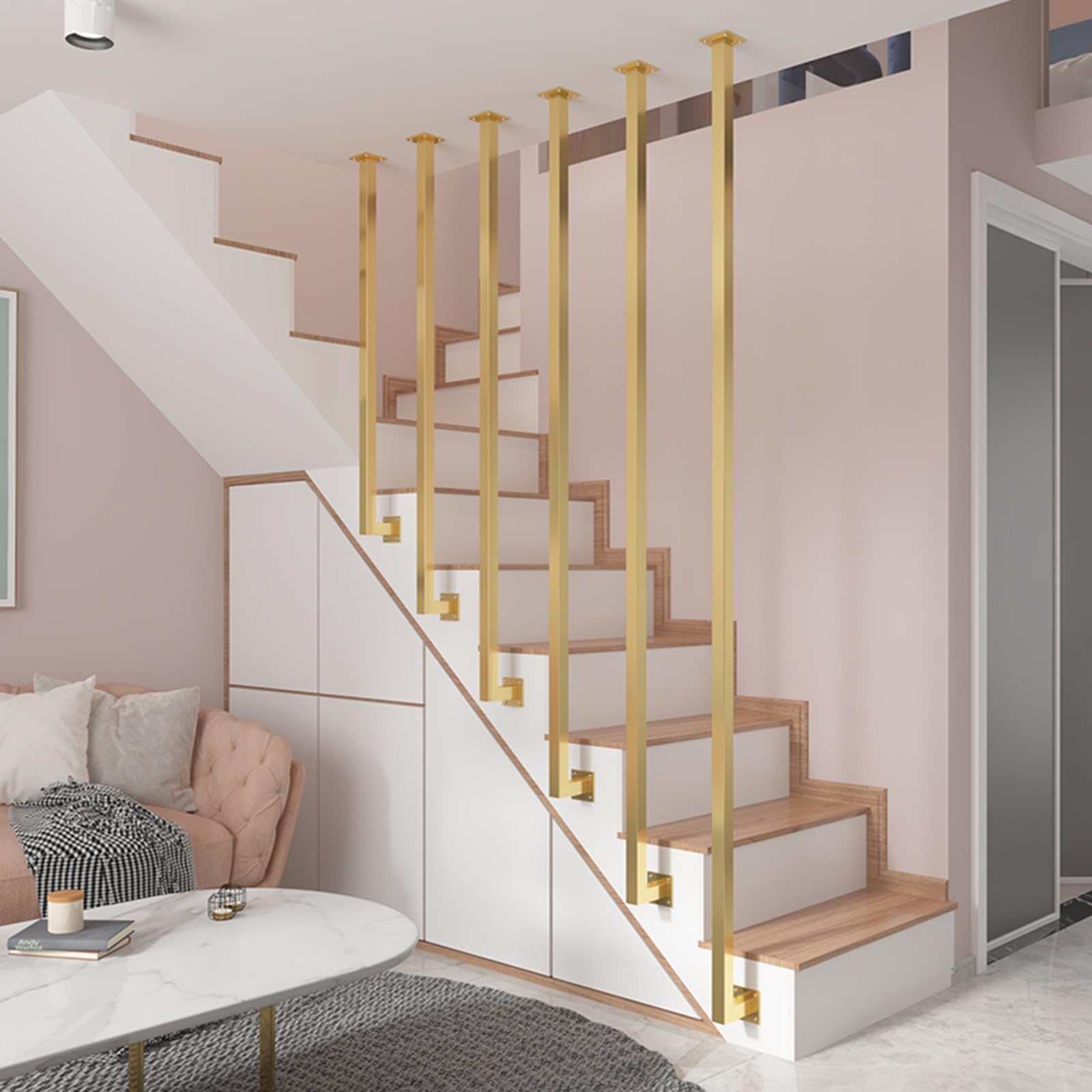 słupki balustrad schodowych, Słupki i pręty balustrad, poręcze kwadratowe do korytarzy(Gold(1 Pack),H 2.2m/7.2ft)