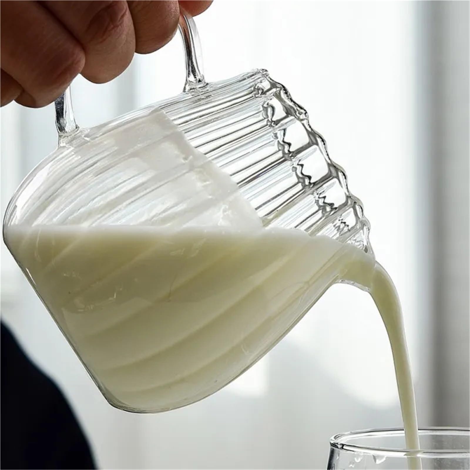 Jarra de leche vidrio a rayas, separador café, té la, jarra espuma transparente con mango, 2 uds Para Espumar(11.5 * 8.8cm)