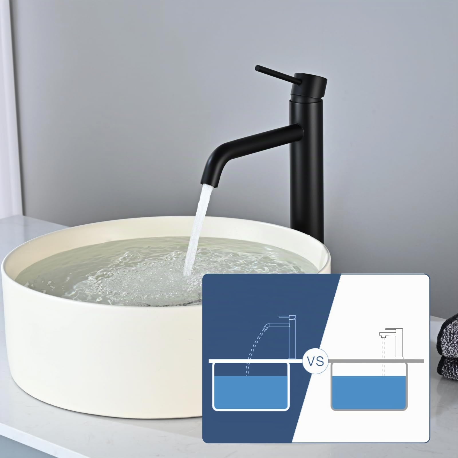 Grifo Lavabo Alto Negro Mate, DETBOM Grifo Monomando Lavabo Agua Fría y Caliente, Grifos para Lavabo de Encimera, Mezclador de Baño de Acero Inoxidable 304, Aireador Extraíble, Altura de Caño 204mm