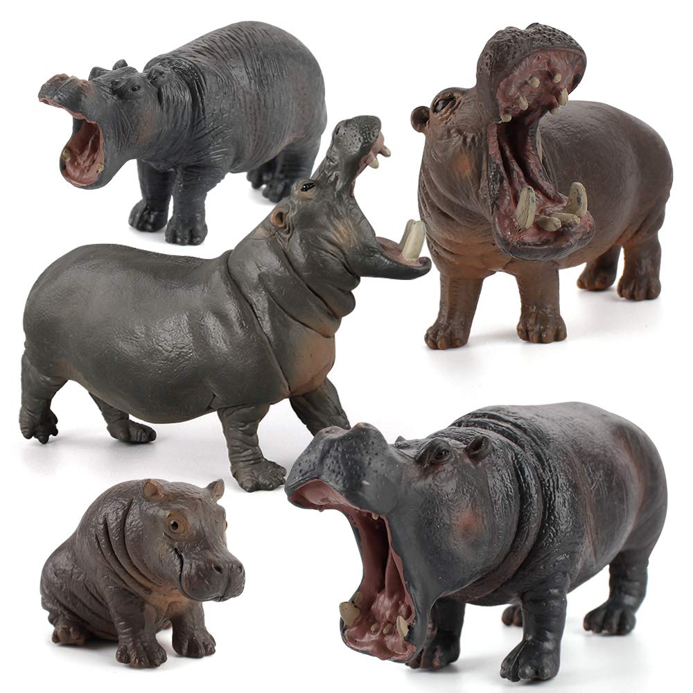 Simulation Wild Life Animal Figures Model Hippo Family Playset Desktop Decoration Education Cognitive Toy Collection Party Favors Toys for Boys Girls Kid(5 pcs)