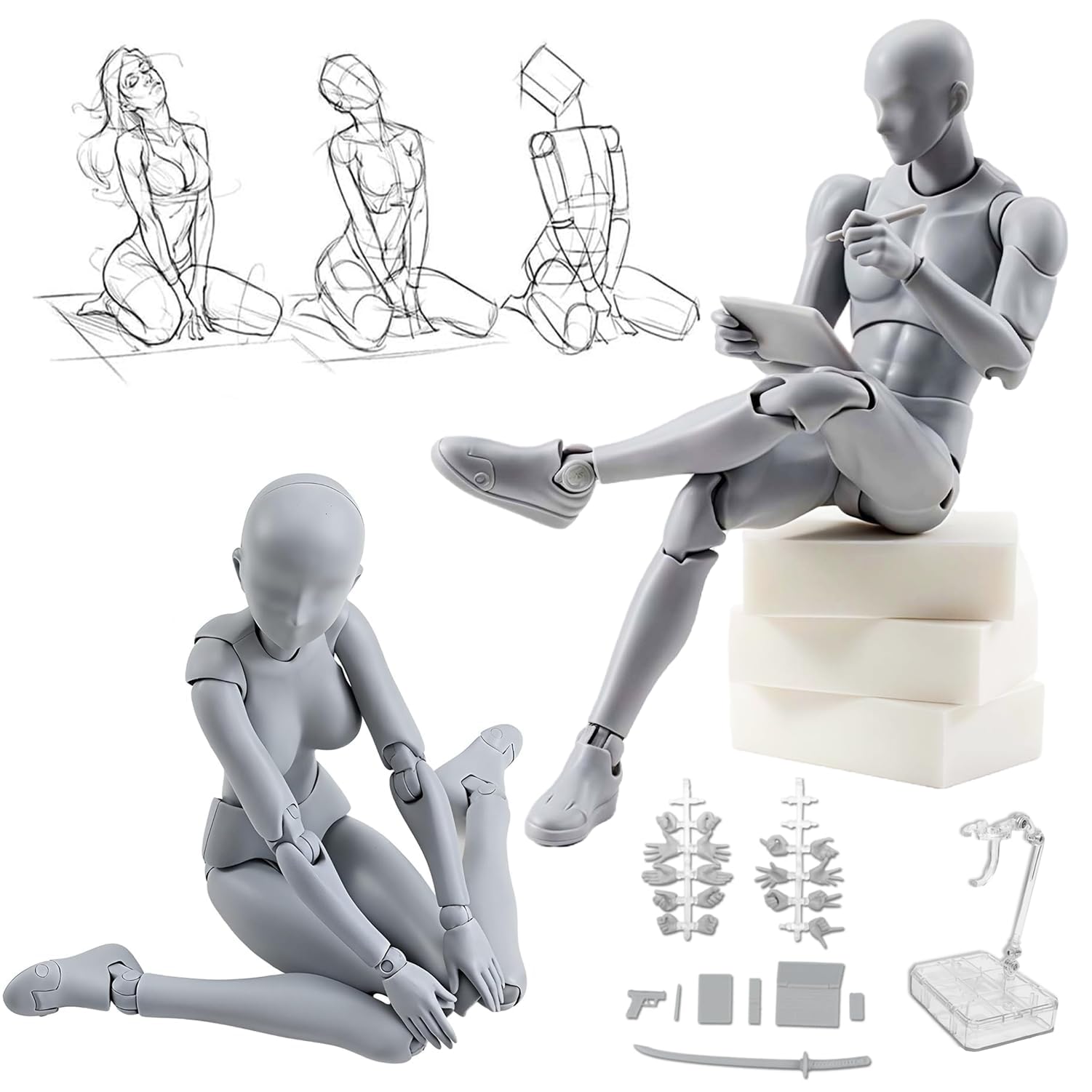 Drawing Doll, 30 Pieces, Articulated, Pose Dolls, Men & Women Models, Stand Included, Professional Recommended, For Manga & Arts, Muscle Expression, Dessan Doll, Sketch Model, Figure, Drawing Practice grey x2