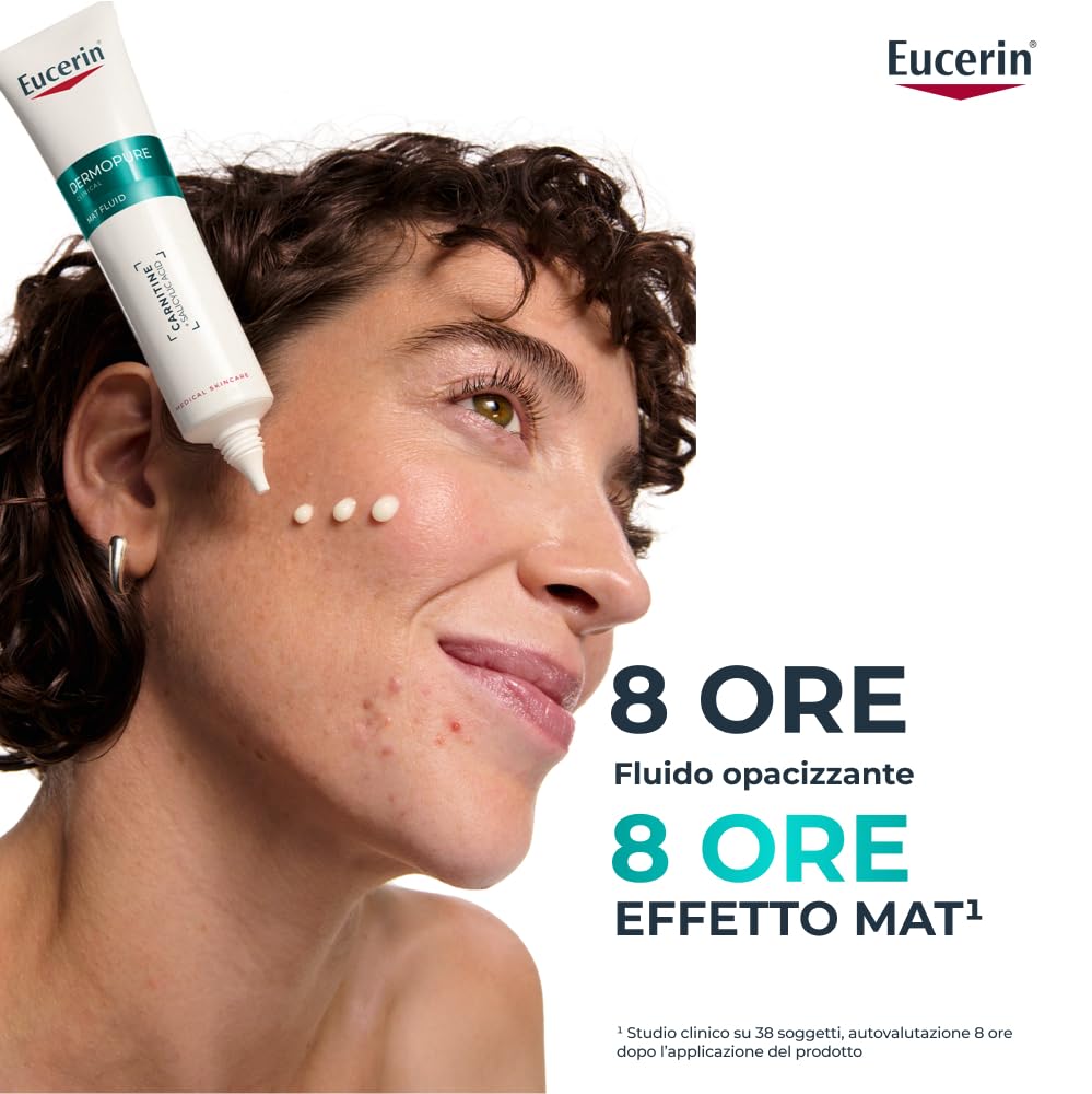 Eucerin DermoPure Clinical Fluido Opacizzante 40 ml, Crema opacizzante viso per 8h effetto mat, Crema viso pelle grassa e acneica con Acido Salicilico e Carnitina anti-imperfezioni e pori dilatati