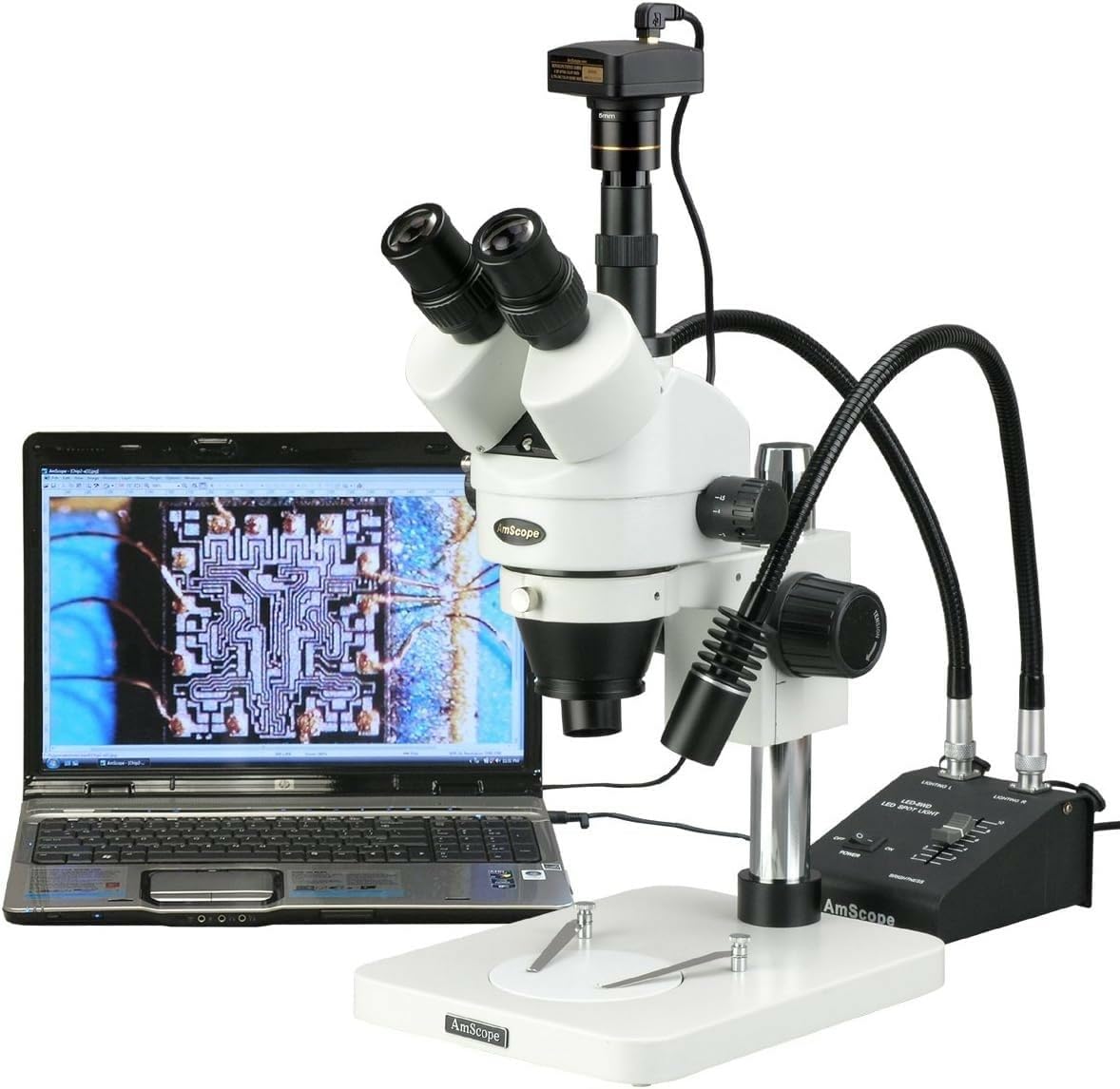AmScope SM-1TSW2-L6W-8M Digital Professional Trinocular Stereo Zoom Microscope, WH10x and WH25x Eyepieces, 3.5X-225X Magnification, 0.7X-4.5X Zoom Objective, 6W Dual-Gooseneck LED Light