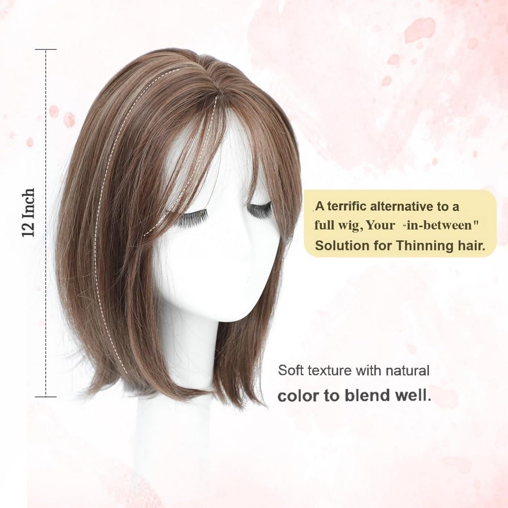 Hair Toppers for Women Real Human Hair 12inch 13x14cm(5.1x5.5inch) Swiss Base 360°3D With Thinning Upgrade Middle Part Clip in Wispy Bnags (Brown,Side)