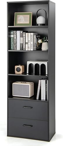 Miniatura 1 de Estantería de 74 pulgadas de alto, estantes de almacenamiento abiertos de 4 niveles con 2 cajones, estantería de pie con kits antipuntas, armario