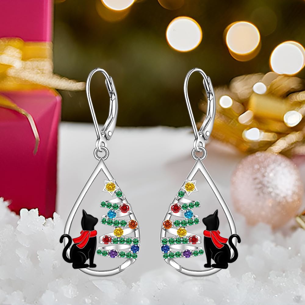 Black Cat Earrings Christmas Tree Earrings for Women Sterling Silver Dangle Cat Earring Holiday Leverback Halloween Christmas Cats Gifts - Image 6