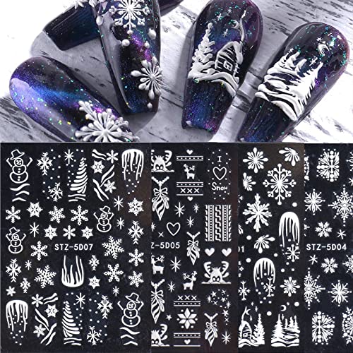 5D White Snowflakes Embossed Nail Art Sticker,4 Sheets New Year Nail Art Stickers Decals 5D Stereoscopic Embossed Winter Elk Flower Manicure Nail Decoration Diy Acrylic Nail Art #TOP15