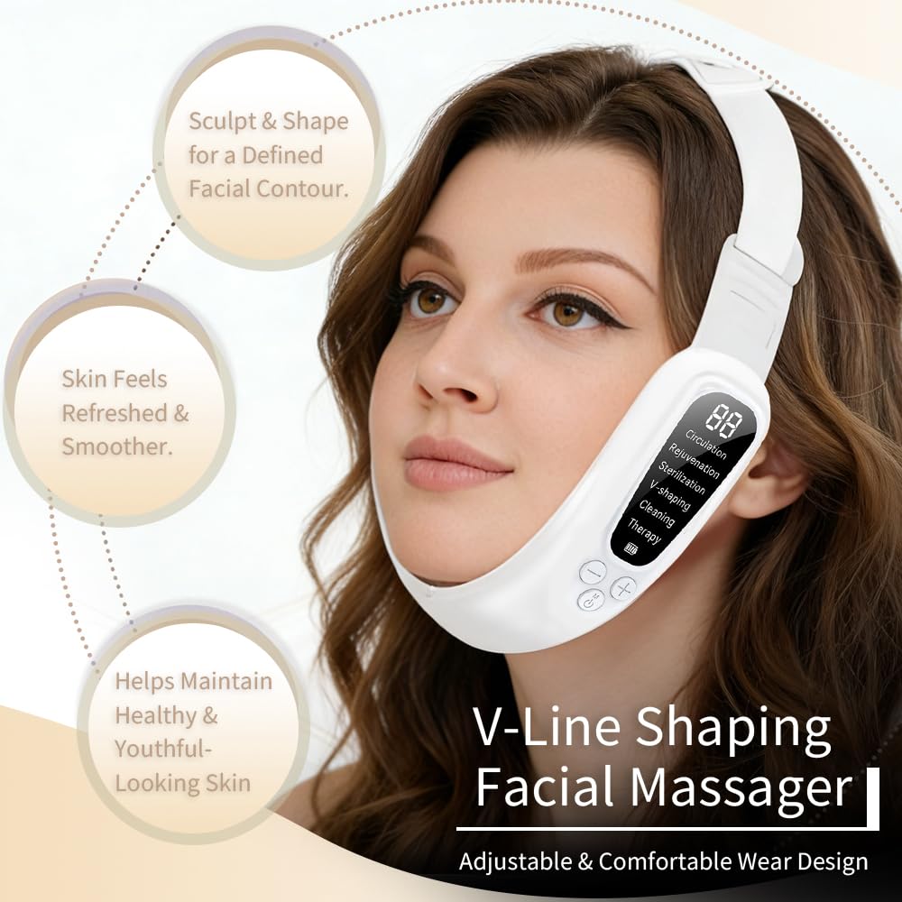 Pinkiou Doppelkinn Entferner, EMS V-Gesichtsmassagegerät mit EMS Mikrostrom & 42°C Wärmetherapie, 6 Modi & 15 Intensitätsstufen für Kinn & Kieferpartie, LED-Display, Typ-C Tragbares Lademodell