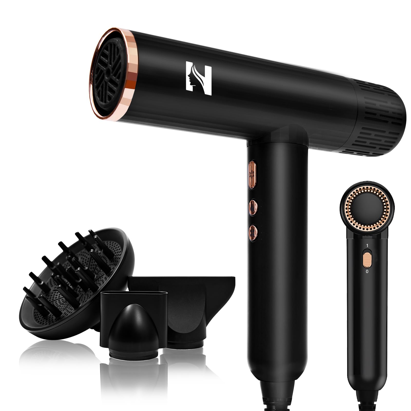NICEBAY Haartrockner Ionen mit Diffusor, Professioneller Föhn with 1900W & 110.000 U/min Hochdrehzahl-Bürstenlosmotor für Schnelles Trocknen, 4 Temp. & 3 Luftstufen, Superleicht & Leise-Schwarz/Gold