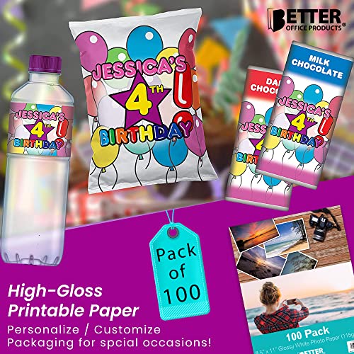 Thin Glossy Photo Paper, 100 Sheets, 8.5 X 11", 30 Lb, 115Gsm, Inkjet Photo Paper, By Better Office Products, For Brochure Printing, Custom Chip Bag Party Favors, Letter Size, 100-Count Pack #TOP3