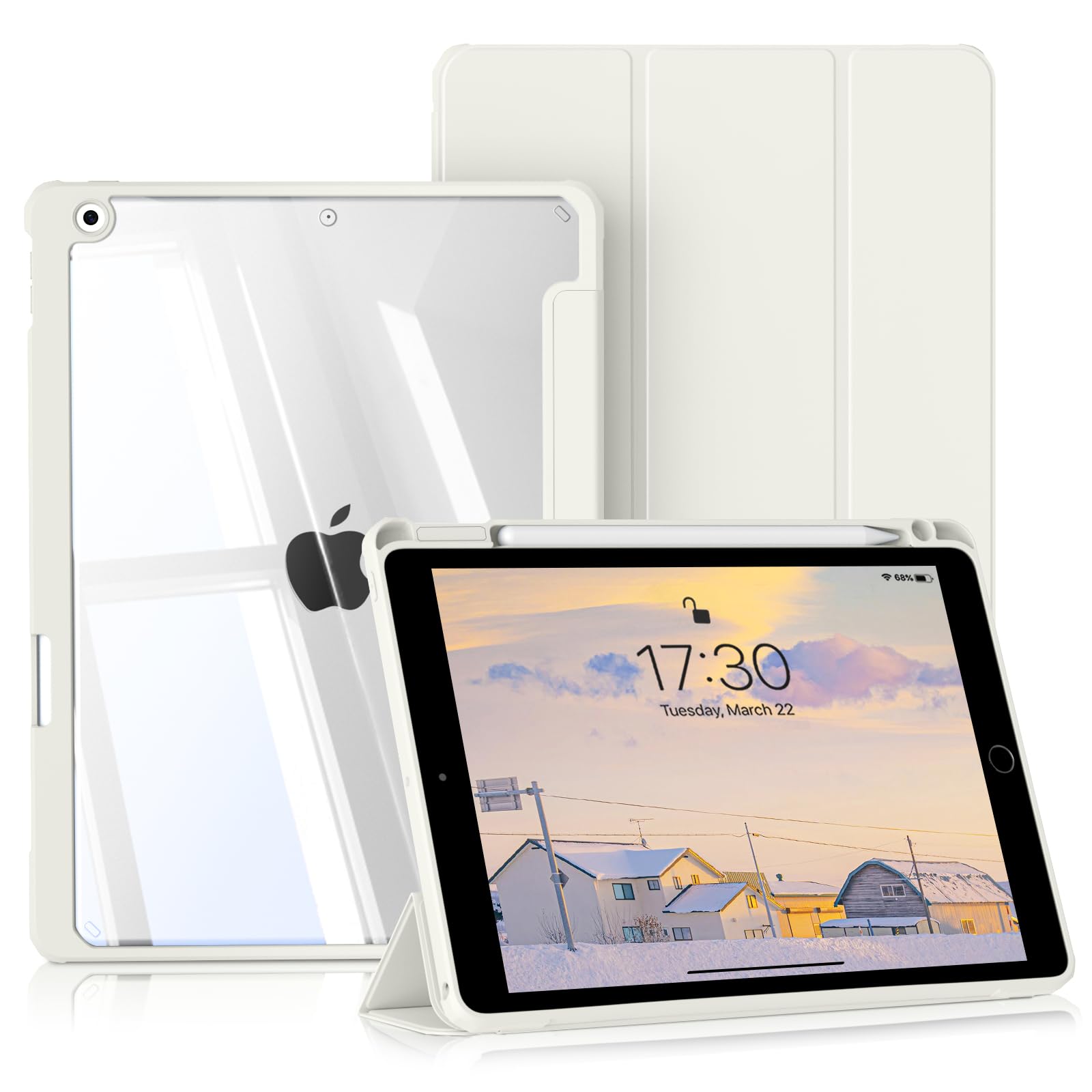 BQDIYOO Hülle für iPad 9. Generation, iPad 8./7. Generation Hülle 10.2 Zoll 2021/2020/2019, Transparentes Hardcase mit Stifthalter, Auto Schlafen/Wache, Weiß