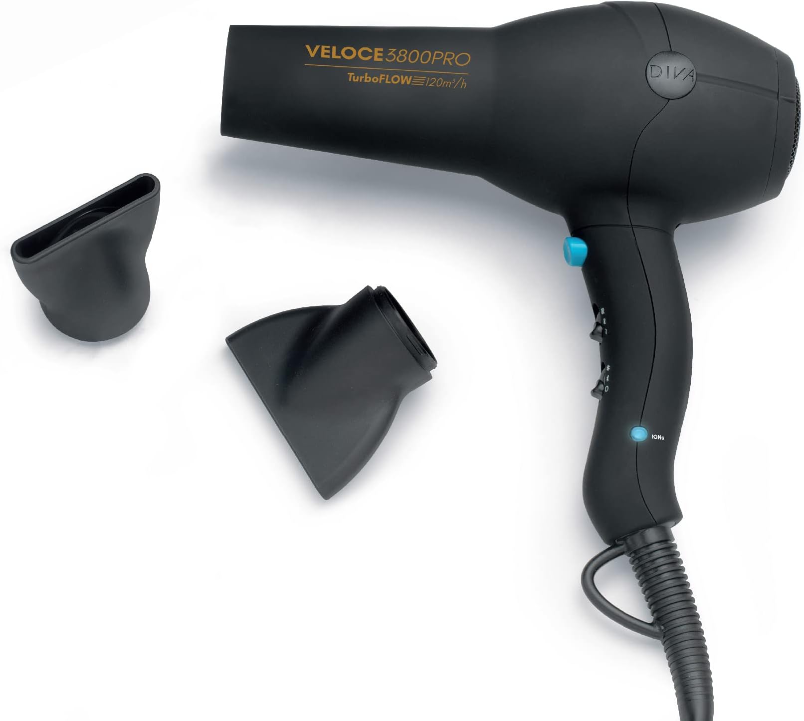 Diva Pro Styling EDT105,Veloce 3800 Pro Dryer, Black - 2200W Professional Hairdryer with Ionic Conditioning, Black,