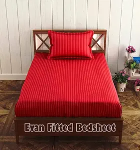 Evan Cotton 300TC Satin Stripe Single Fitted Bed Sheet with 1 Pillow Cover(36 x 78 + 8 inch fit Mattress, Red)