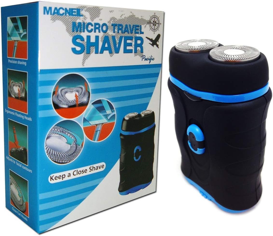 NEW! Macneil Micro Travel Shaver MCNBA737/P, Features: Twin Heads, Lift and Cut Technology, Battery Operated, Pocket Size, Non-slip Finish, Attractive Pacific Blue Colour - Ideal for Taking on Holiday or Birthday and Christmas Gifts! Keep a Close Shave! - Complete with Travel Pouch and Cleaning Brush Accessories! - Includes 2 Year Worldwide Guarantee!