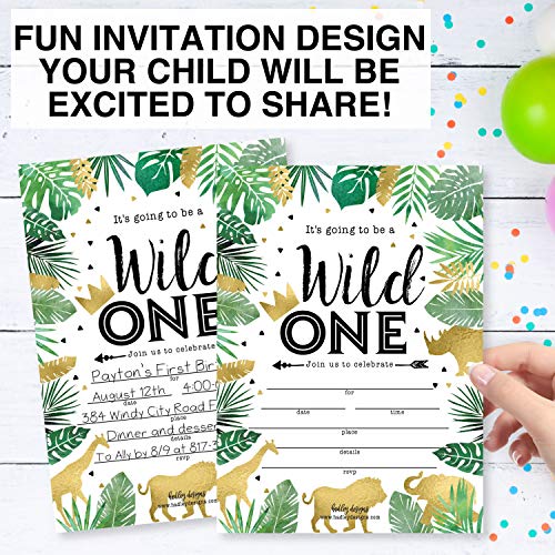 Image of Hadley Designs Kids Birthday Invitations For Boys and Girls Safari Theme - 25 Wild One 1st Birthday Party Invitations For Boys, Jungle Invites For Girls, Cute Animals Party Supplies, Made In USA