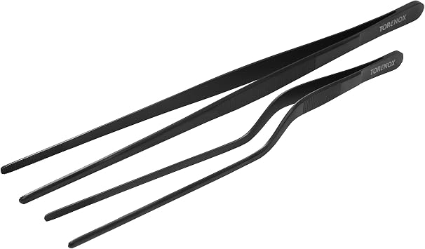 Kitchen Tweezers 10 Inch Straight and 8 Inch Offset - Culinary Precision Tongs Professional Kitchen Long Tweezers Set of 2 pieces - BBQ, Plating, Multi-use
