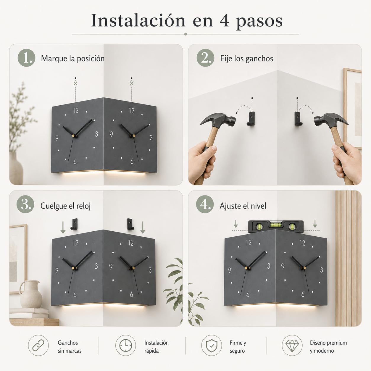 Reloj de Pared Esquina Doble Cara, Silencioso con Sensor Luz (Dorado) | Reloj de esquina doble cara, silencioso y a pilas. Con sensor de luz, es ideal para decorar su hogar u oficina.