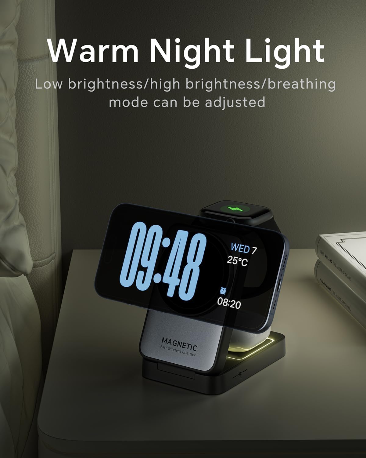 Upgraded Foldable Wireless Charger for iPhone,Travel Magnetic Charger Stand with Nightlight 3-in-1 Wireless Charging Station Compatible with Mag-Safe Charger&iPhone 17/16/15/14/13,Apple Watch&AirPods