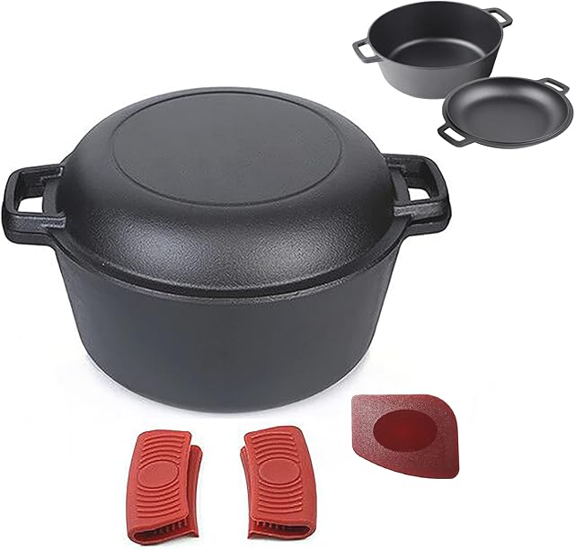 Pinnacle Cookware  4.7 Litre / 5 Quart Pre-Seasoned Cast Iron Double Dutch Oven/Casserole Dish | Dual Function Skillet Lid | 2 in 1 Cooking Set | Cast Iron Pot | Camping | Handle Covers & Scraper