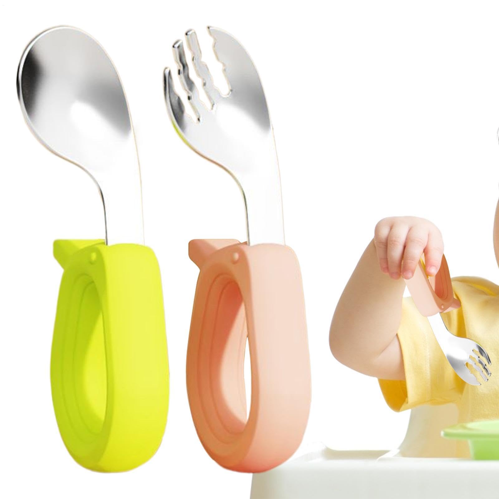 Forks and Spoons, Stainless Steel Anti-Slip Fork Spoon, Self-Feeding Cutlery with Round Handle, for Lunch, Dinner, School, Travel, Home, Daycare, Boys, Girls, 1+ Years, Road Trip — view 7