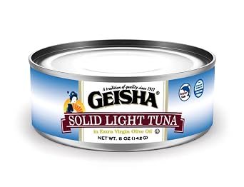 GEISHA Solid Light Tuna in Extra Virgin Olive Oil 5.00ozPack of 12, Tuna | Zero Trans Fat - No Sugar Added Excellent Source of Protein52% DV per serving Dolphin Safe Extra Virgin Olive Oil
