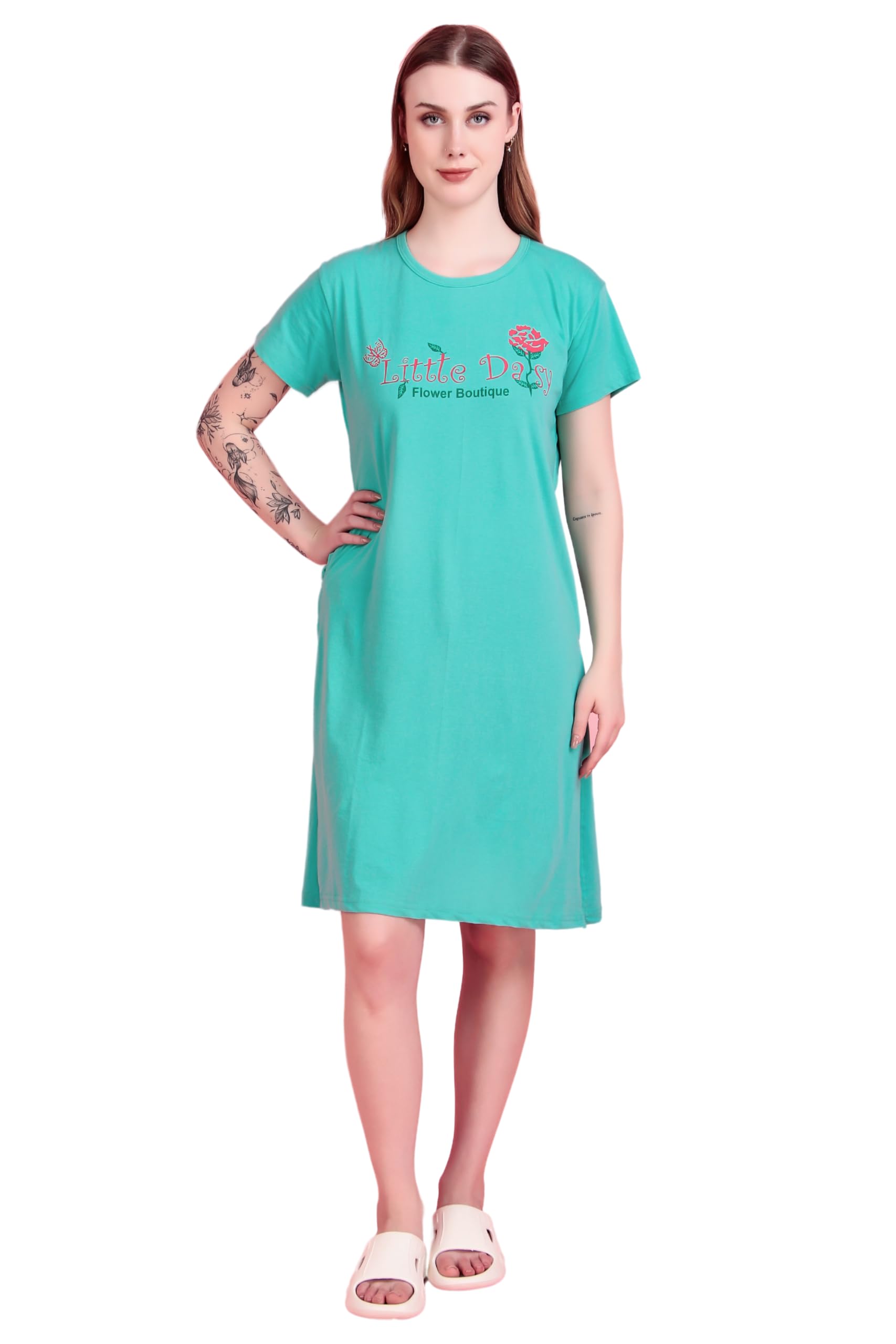 Women's Long T-Shirt Dress | Knee Length Cotton Lounge Wear with Side Slits & Pockets-picture-30