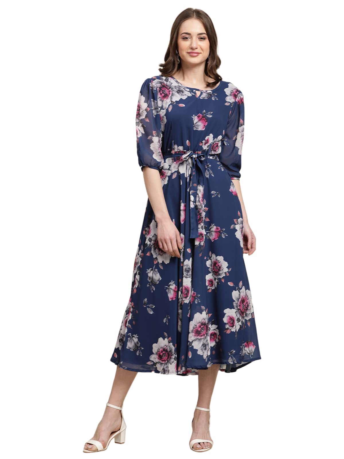Preneum Women's Maxi Fit & Flare Latest Style Print Georgette Regular Sleeves Casual Summer Maxi | Festival & Occasion, Light Blue, 2Xl