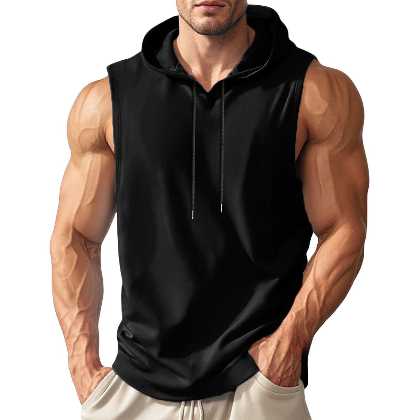 generisch T-shirt sans manches pour homme en coton avec capuche - Couleur unie - Débardeur de sport pour l'entraînement, la gym, le fitness, le bodybuilding