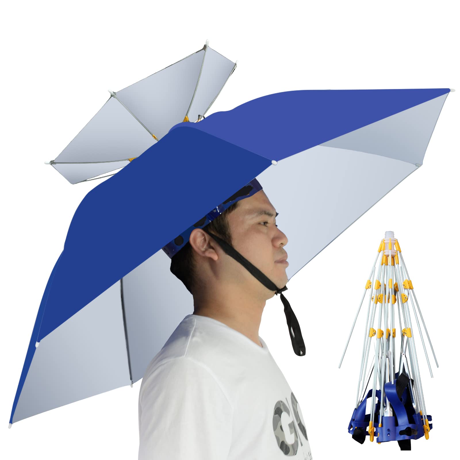 Umbrella Hat Folding Adjustable Sun Rain Cap, 37.4” UPF 50+ UV Protection Large Hands Free Umbrellas, 7-Ribs Waterproof Headwear for Fishing Gardening Golf Sunshade Outdoor