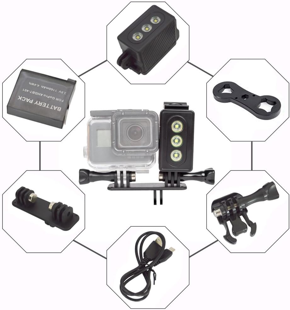 Waterproof LED Light for GoPro, 30m Underwater Lighting for Action Cameras, 3W 300LM with 3 Power Modes, USB Rechargeable