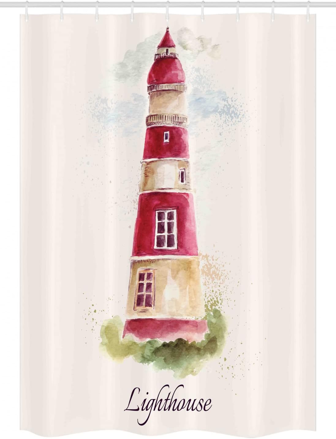 Ambesonne Lighthouse Stall Shower Curtain, Watercolor Lighthouse Print Pastel Faded Vintage Lettering Windows Grass Clouds, Fabric Bathroom Decor Set with Hooks, 54" W x 78" L, Raspberry Beige