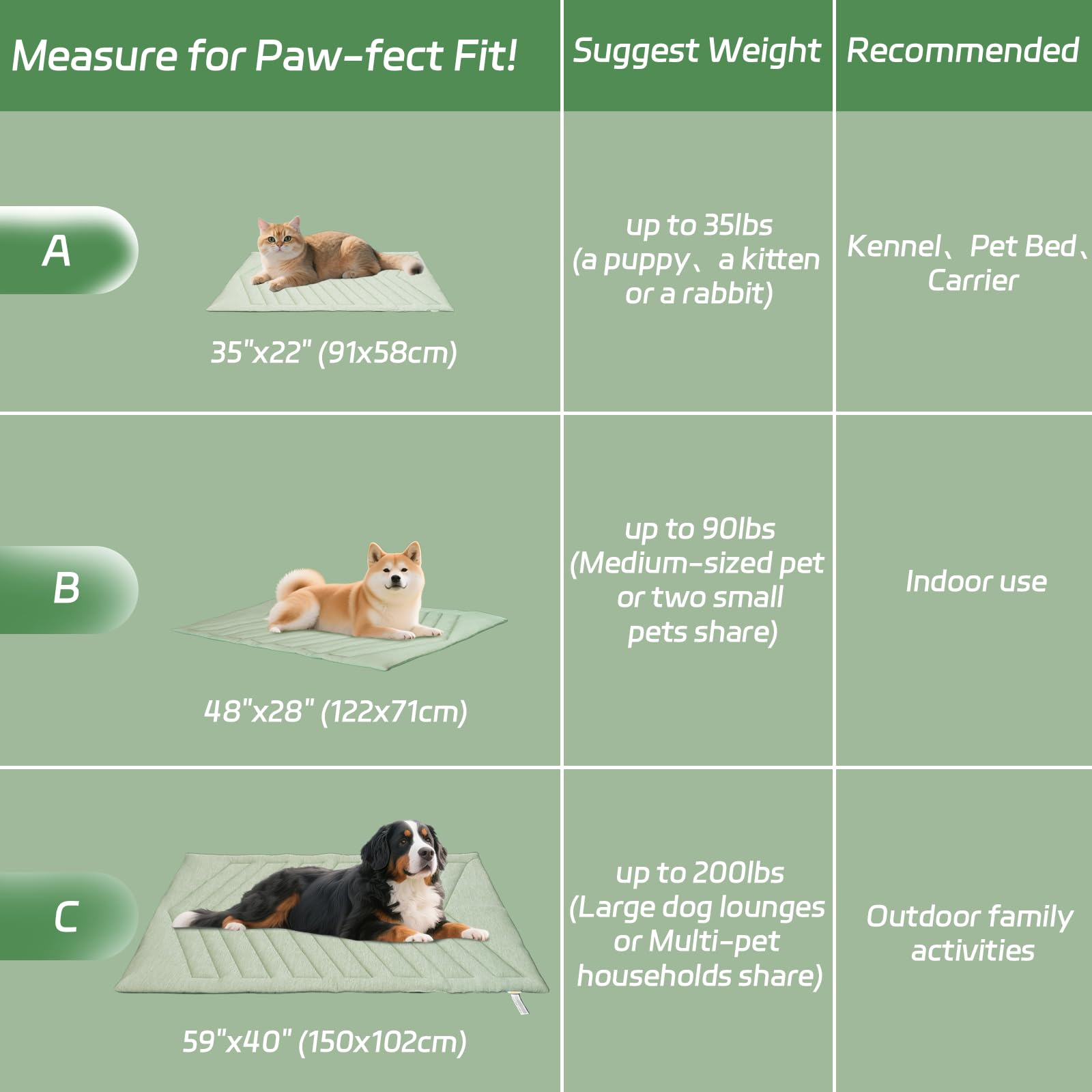 Kühlmatte für Hunde Eisgrün, ohne Gel, Oberseite aus kühlem Stoff und Rückseite aus Samt, waschbar, Kühlkissen für Hund, Sommerlinderung für Welpen und Kätzchen (Eisgrün, C)