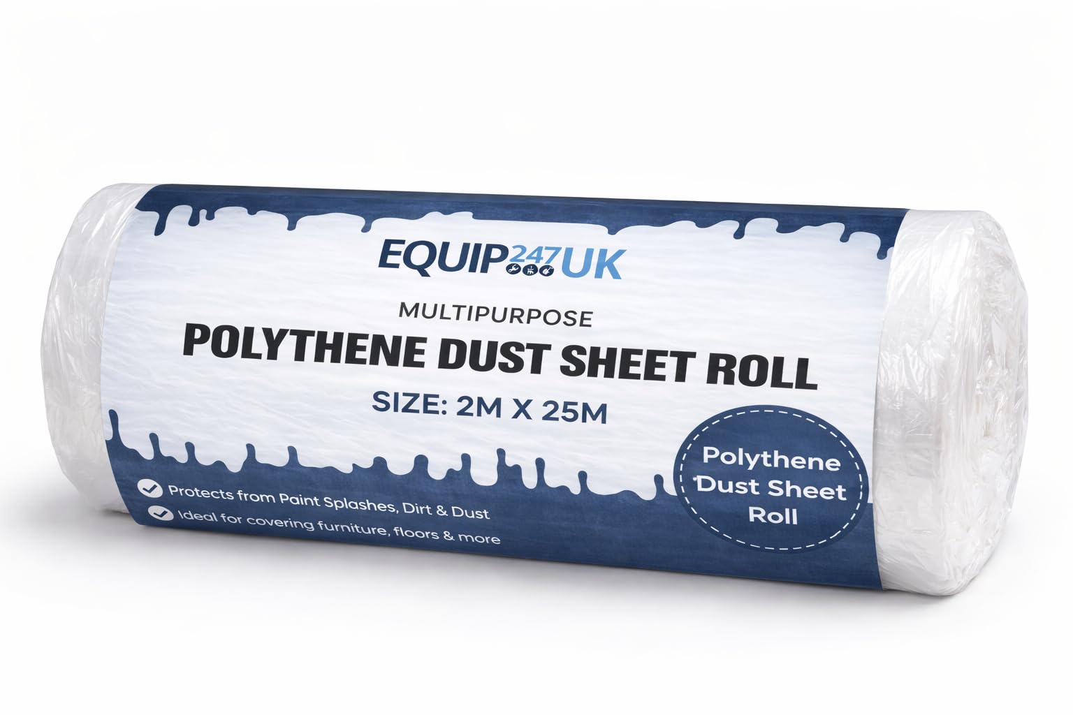 Equip247uk Clear Polythene Dust Sheet Waterproof Protects Against Paint Spills, Dirt & Dust (1, 2M X 25M)