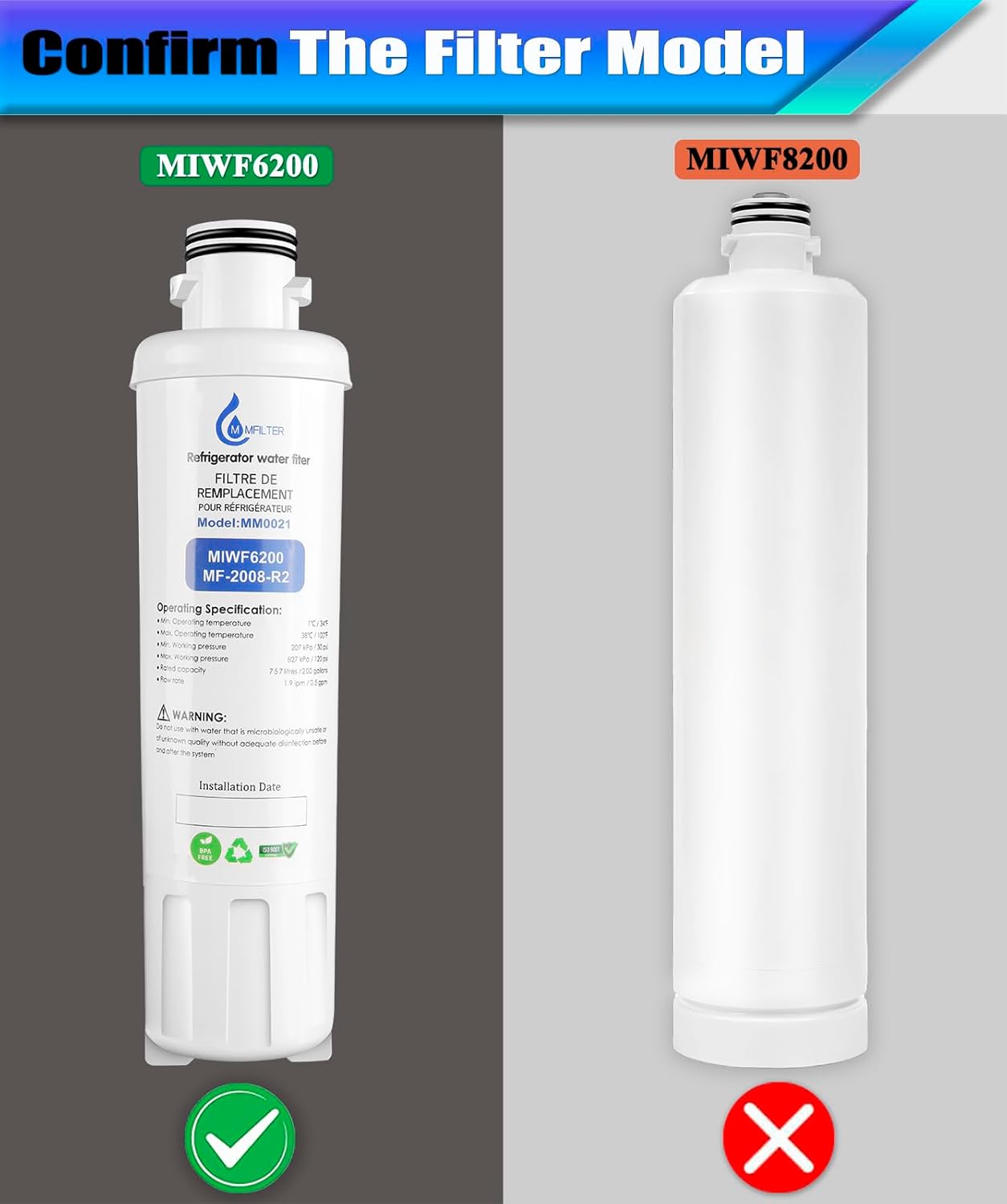 MIWF6200 Water Filter Replacement Compatible with Midea MF-2008-R2, Sharp SJWF200, Thor Kitchen WF200, Zline MIWFT2100, Insignia NS-WF26SS0-1 Twist-in Refrigerator Water Filter (2 Pack)