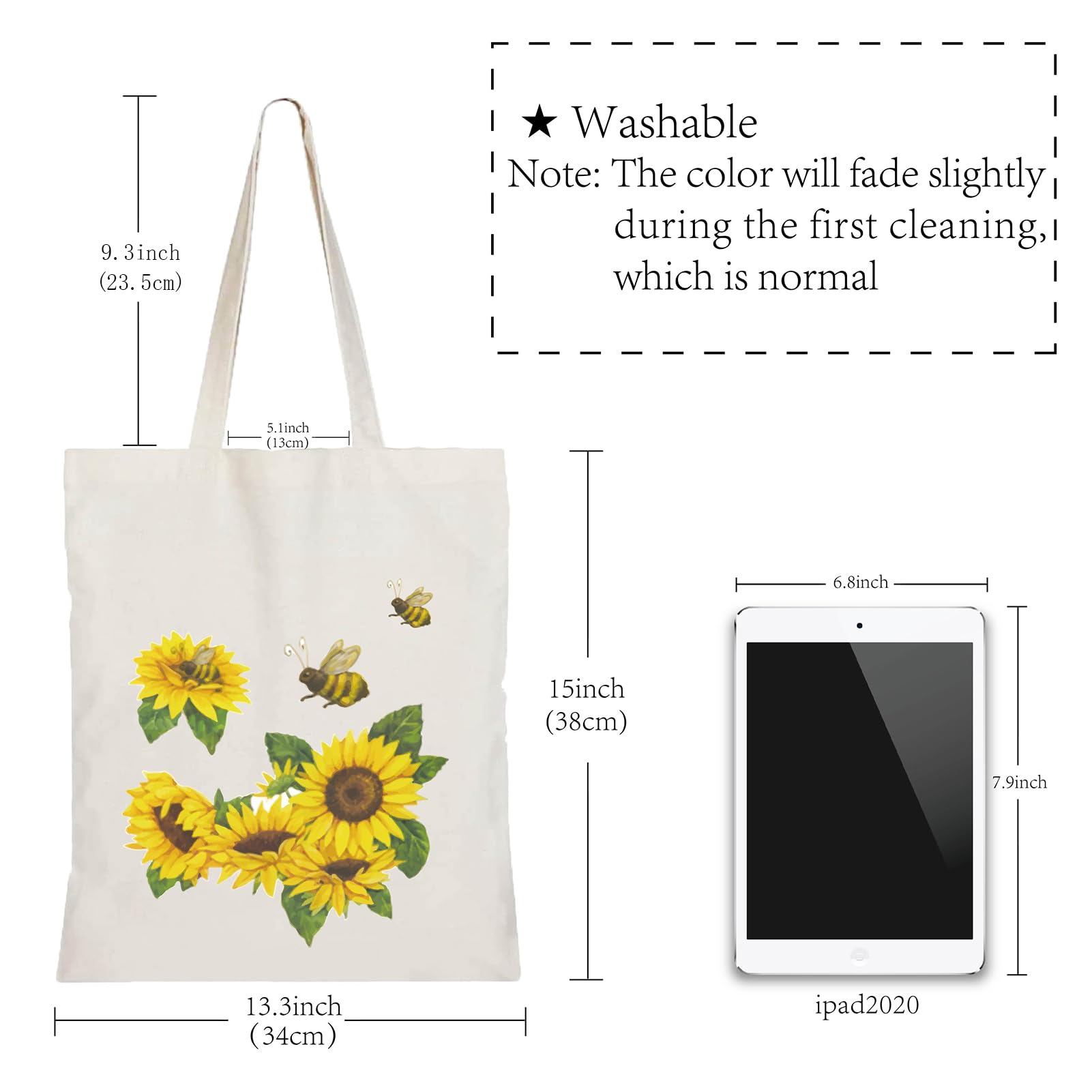 CREATCABIN Cotton Canvas Tote Bag Sunflower Bee Bags Women Grocery Funny Handbags Reusable Eco-Friendly DIY Craft Multi-Function Pouches for Crafts Travel School Shopping Groceries 13.3x15 inch - Image 2