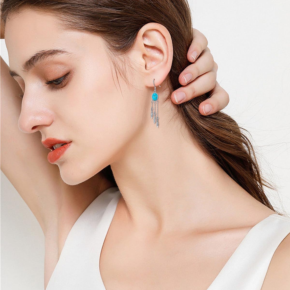 Feather Dangle Earrings for Women, 925 Sterling Silver Feather Earrings with Turquoise Bohemian Vintage Leaf Hook Earring Jewelry Western Gifts for Birthday Christmas - Image 2
