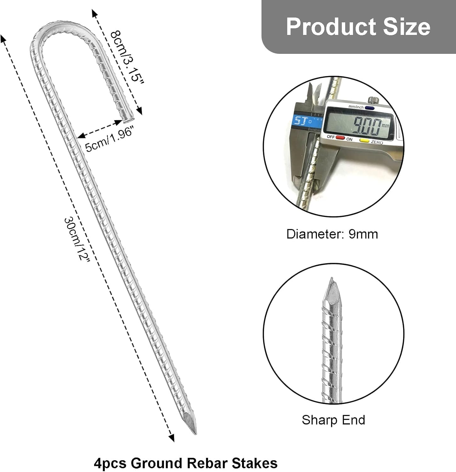8 Pack Rebar Stakes 12 Inch, Heavy Duty Galvanised Steel Rebar Ground Stakes, Fence Anchors, Ground Stakes with Hook, Ground Blind Stakes for Marquees, Gazebos, Tents, Trampolines, Camping
