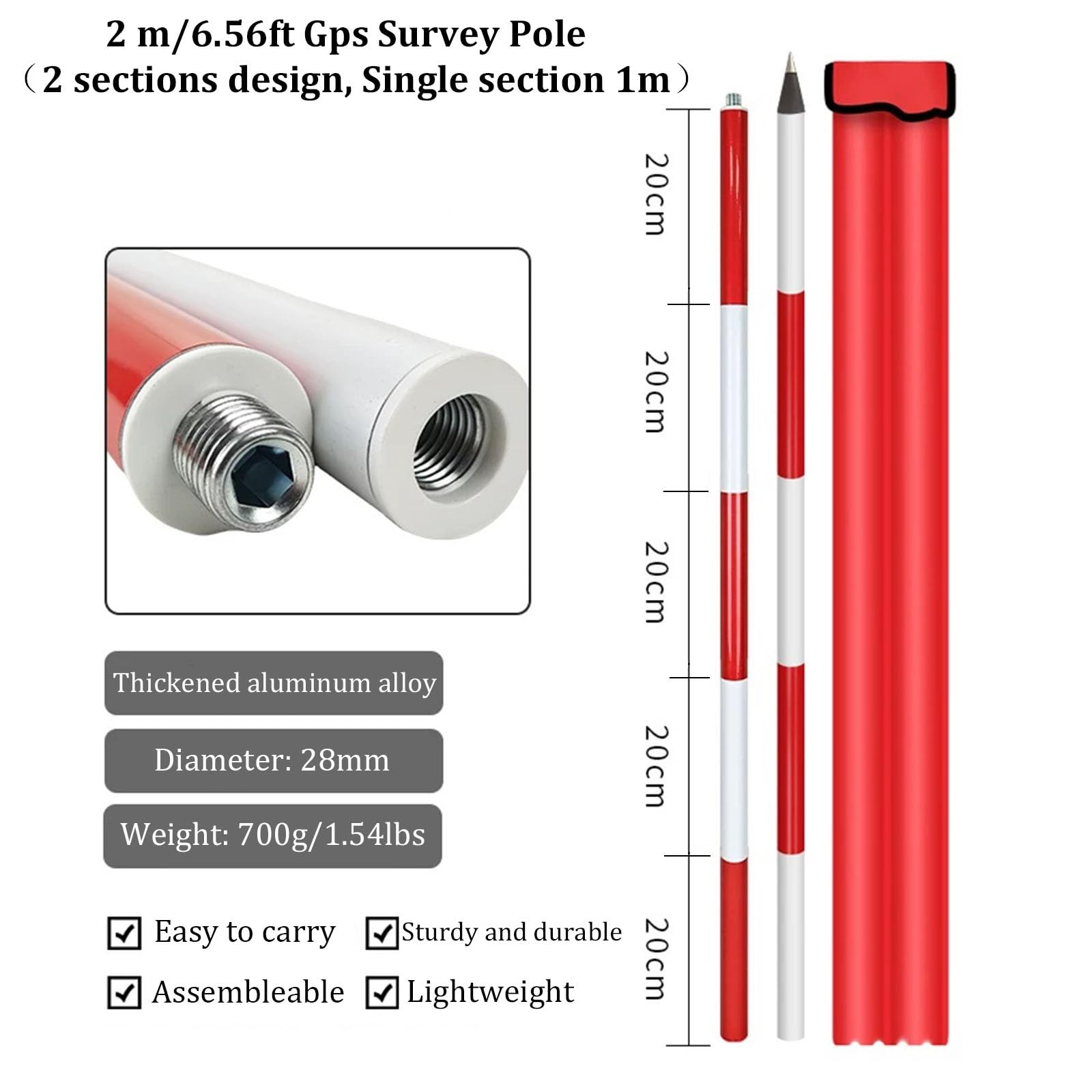 Pértiga de aluminio para levantamiento topográfico, varilla de medición seccionada, varilla de centrado desmontable, para levantamiento de terrenos, marcado de obras(2m/6.56ft)