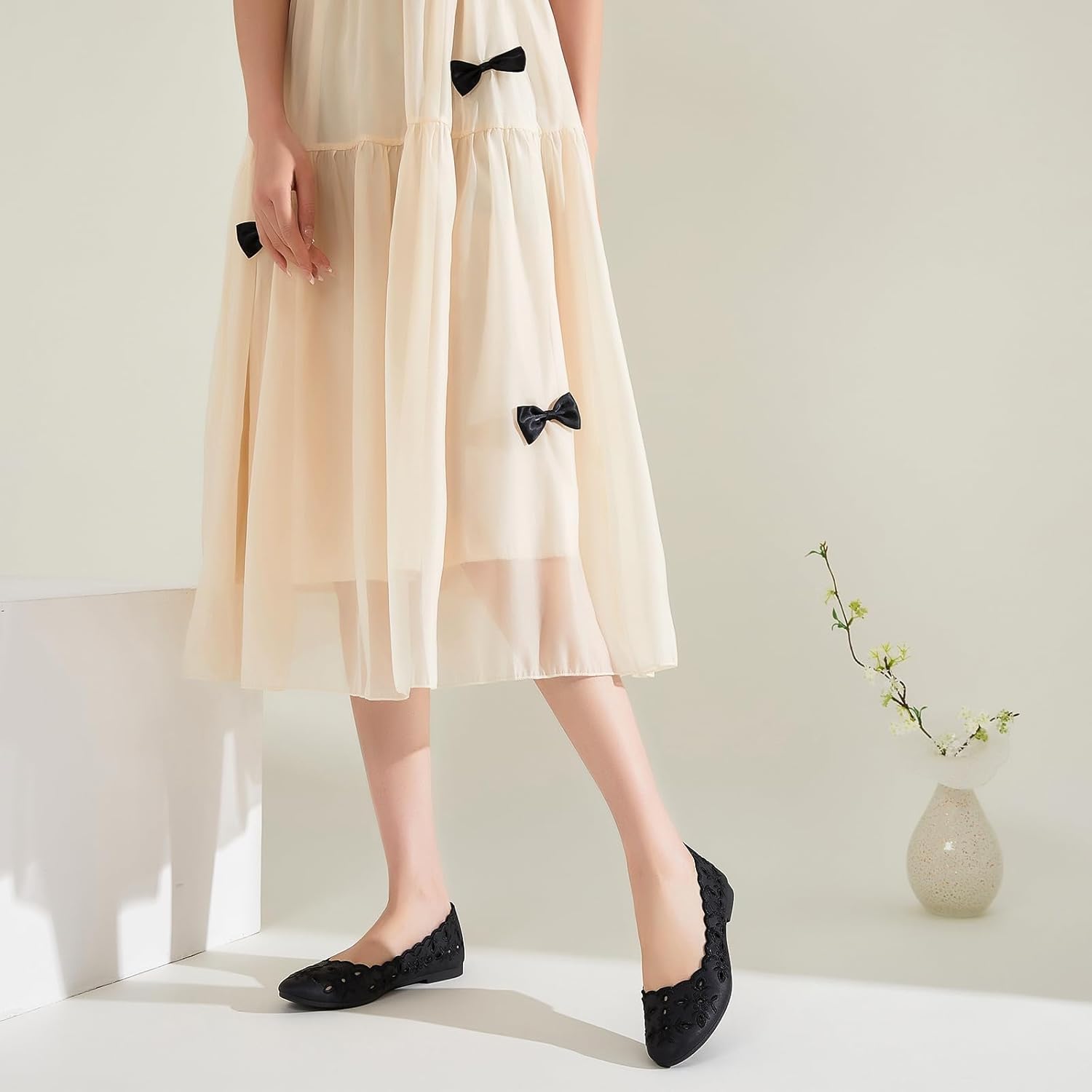 Shupua Women's Comfortable Dress Shoes Ballet Flats Slip On Shoes Black Flats Round Toe PU Leather Flats Summer with Floral Eyelets - Image 9