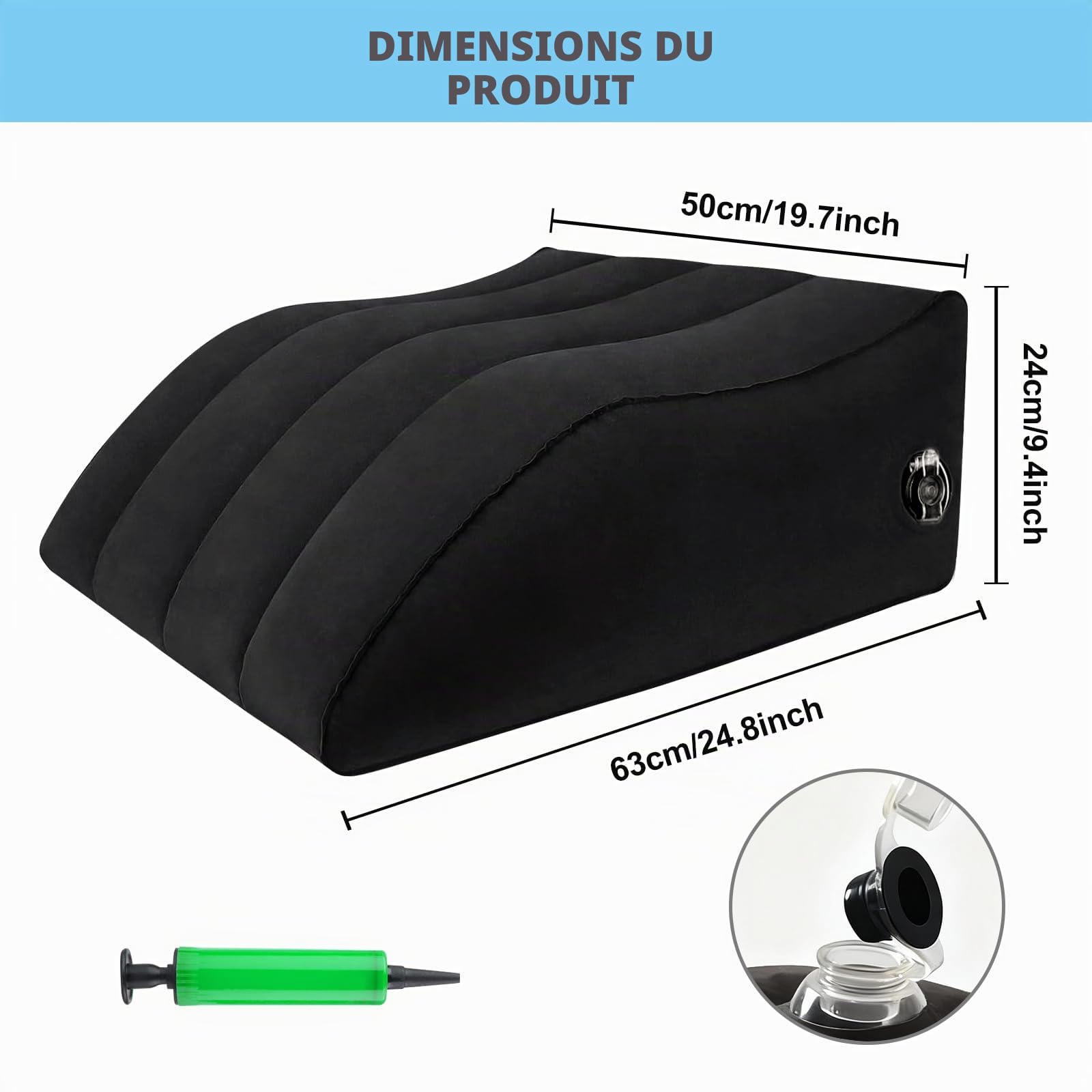 Coussin veineux, gonflable, 65 x 50 x 25 cm, coussin de positionnement pour adultes, pour la circulation sanguine et la réduction des gonflements et du soulagement des jambes, noir