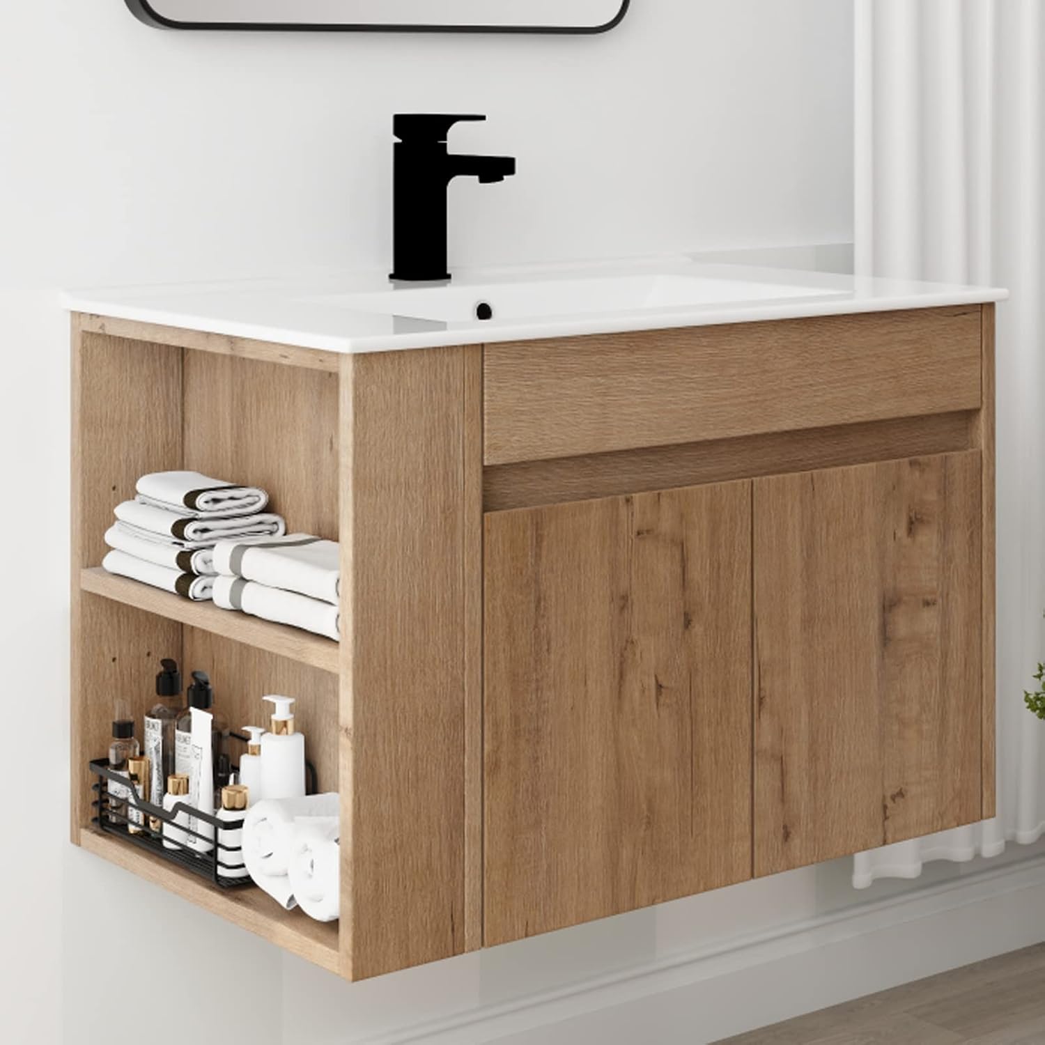 30 Inch Floating Bathroom Vanity With Sink - Wall Mounted Cabinet Combo, Ceramic Vessel Basin, Soft Close Doors, Modern Storage Set