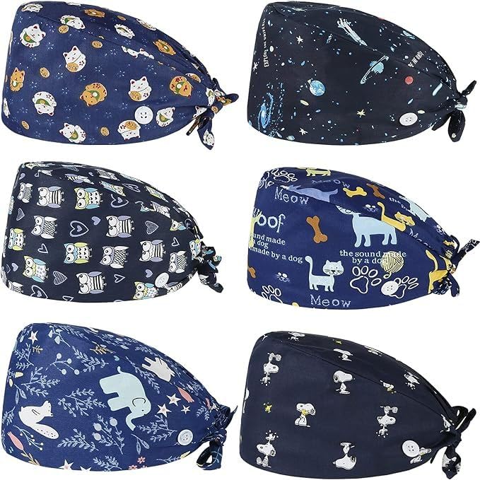 NAWOKEENY6Pcs Surgical Caps, Gourd-Shaped Adjustable Sweatband Bouffant Hats with Button, Cotton Print, Nurse Scrub Cap Nurse Hats, Unisex Dust Caps, Multicoloured