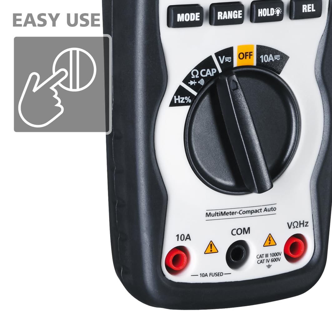 Laserliner Multimetro digitale Compact, con auto-range, misurazione AC/DC, capacità, frequenza, test diodi, passaggio con segnale acustico, allarme vibrazionale