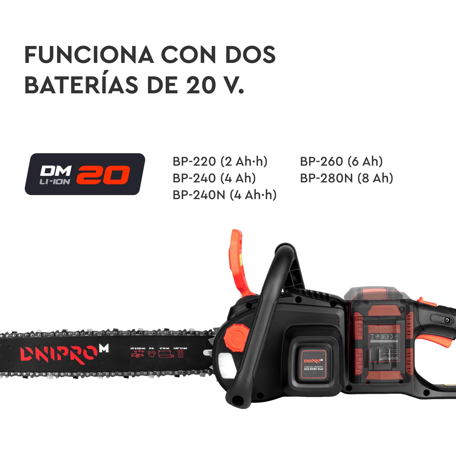 Motosierra a Batería DCS-201BC Dual 2x20V - Espada de 40 cm, Velocidad de Cadena 16 m/s, 8000 RPM, Cadena 3/8” - Peso 4 Kg, Freno de Seguridad - Incluye 2 Baterías 4 Ah y Cargador Dual - Por Dnipro-M