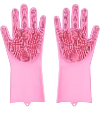Super Clean Magic Silicone Dish Washing Gloves, Silicon Cleaning Gloves, Silicon Hand Gloves for Kitchen Dishwashing and Pet Grooming, Great for Washing Dish, Car, Bathroom (1 Pair, Assorted)